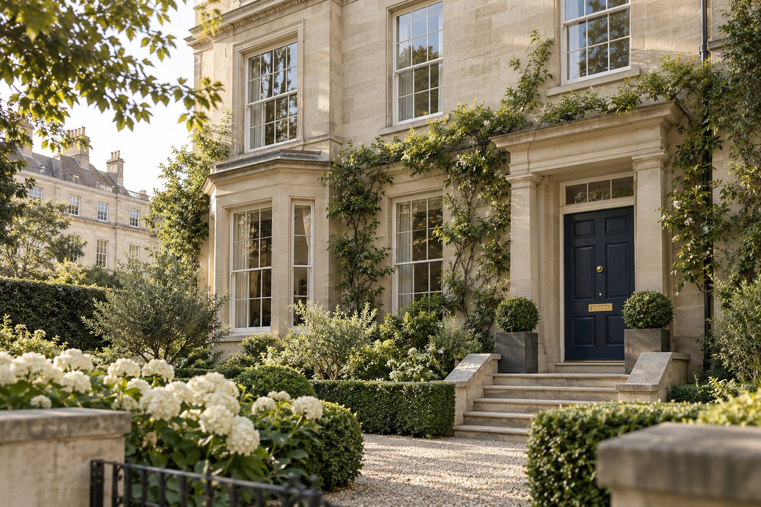 Illustrative English townhouse with a navy front door and a planted garden